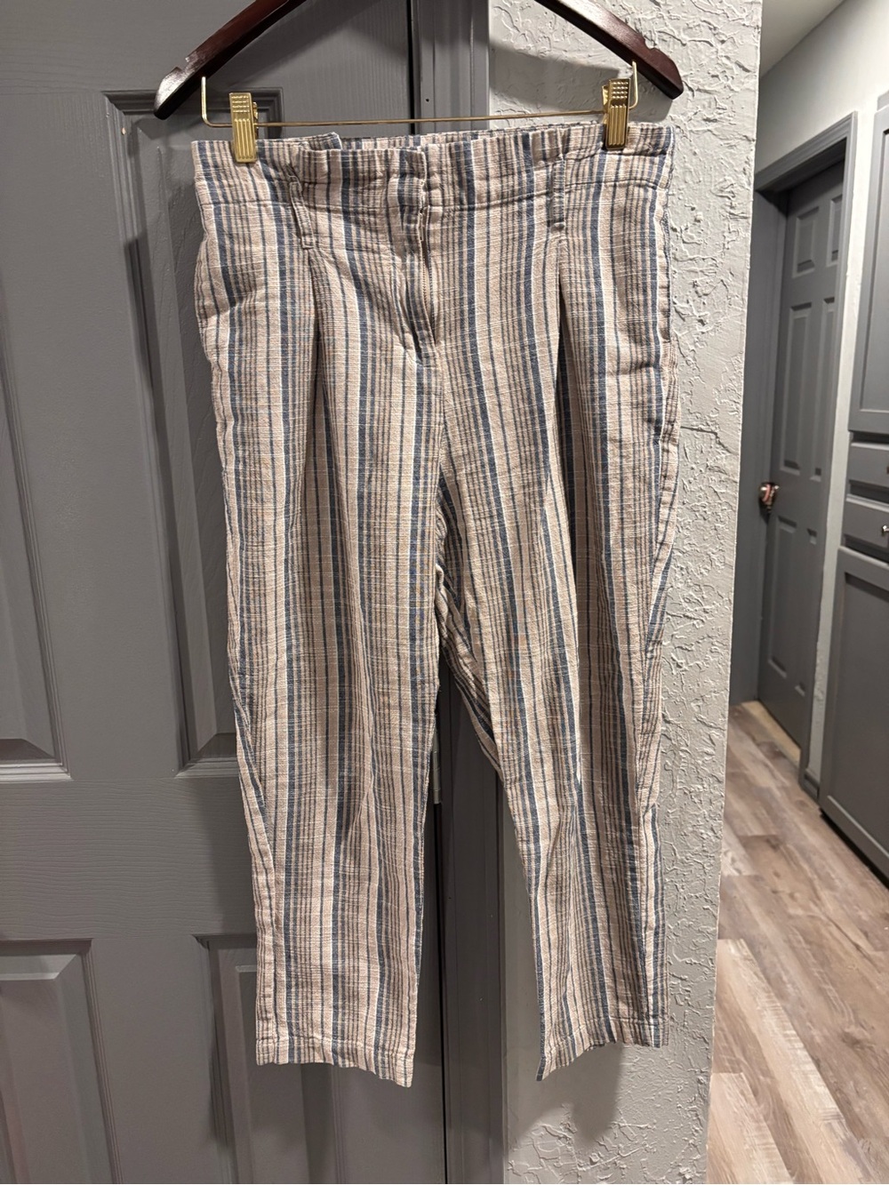 Altar'd State Beige and Blue Striped Cropped Trousers